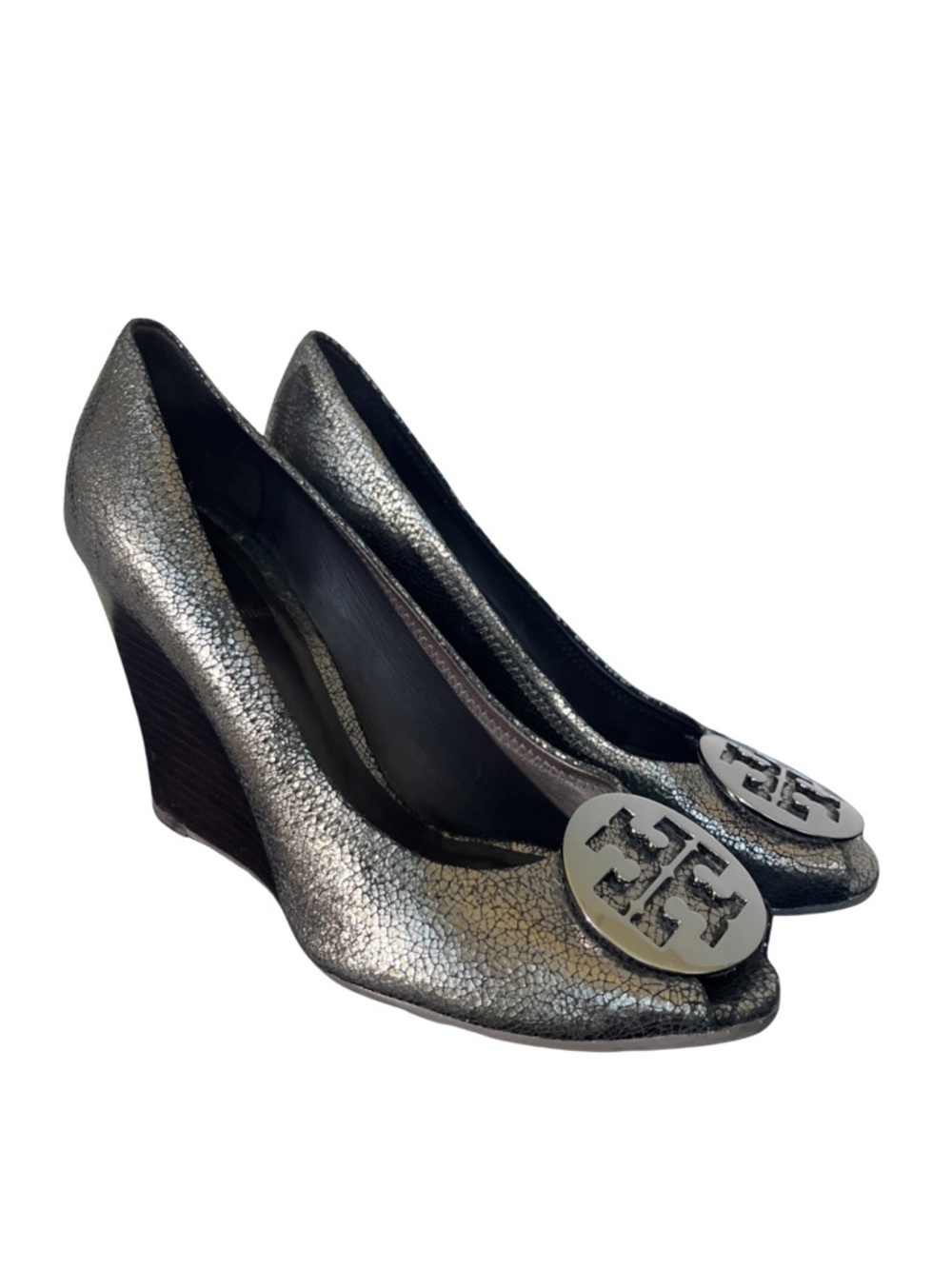 Tory Burch Julianne Wedge Heels 8.5 Crackled Metallic Silver Brown Y2K